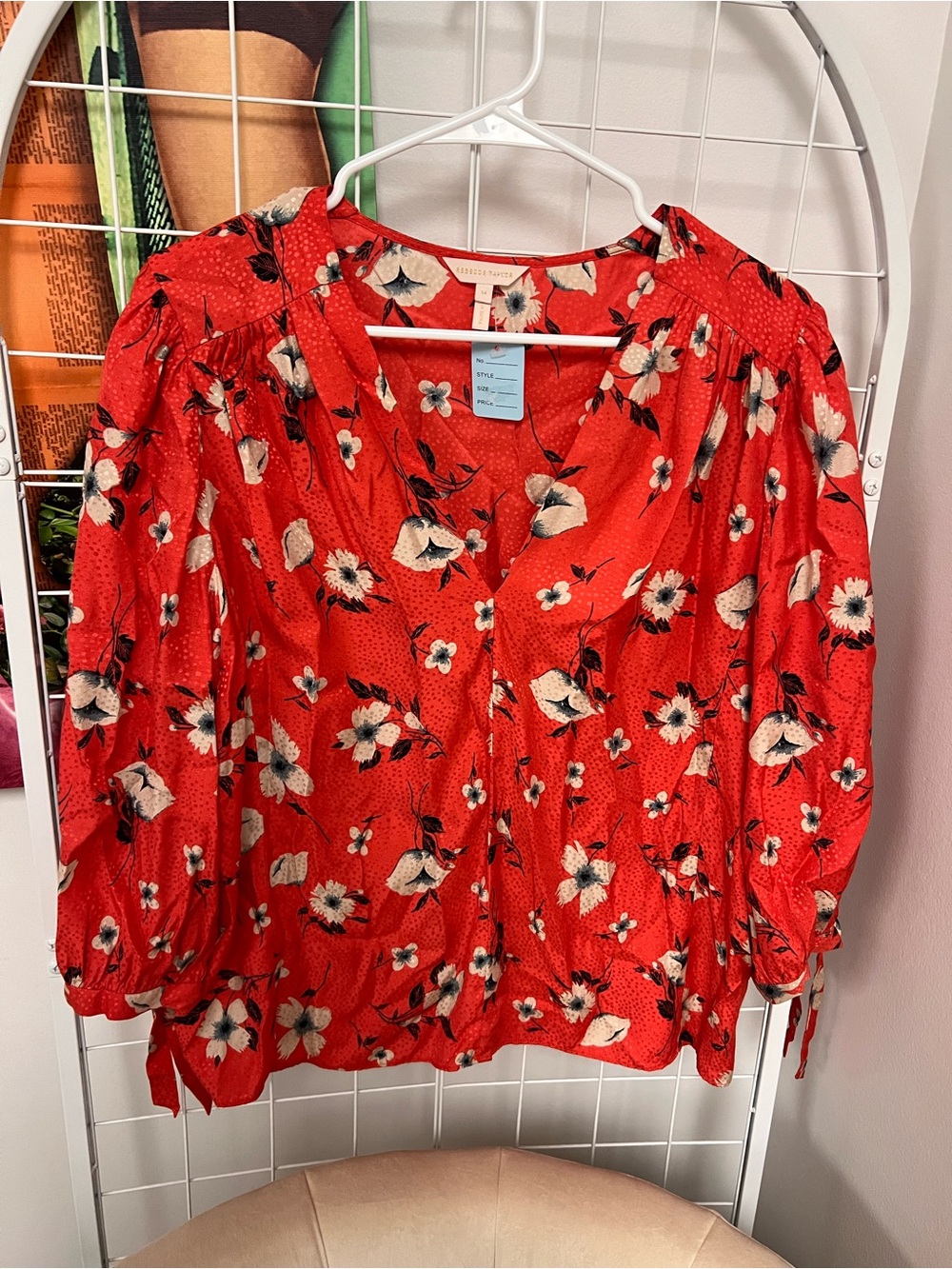 Rebecca Taylor Red Floral V-Neck Puff Sleeve Blouse
